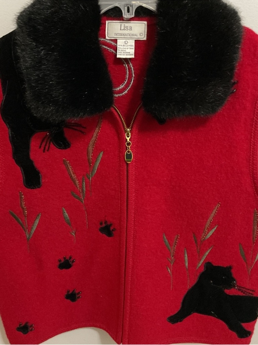 Lisa International Red Vets with Black Fur Collar & Cat Panther Appliqués
